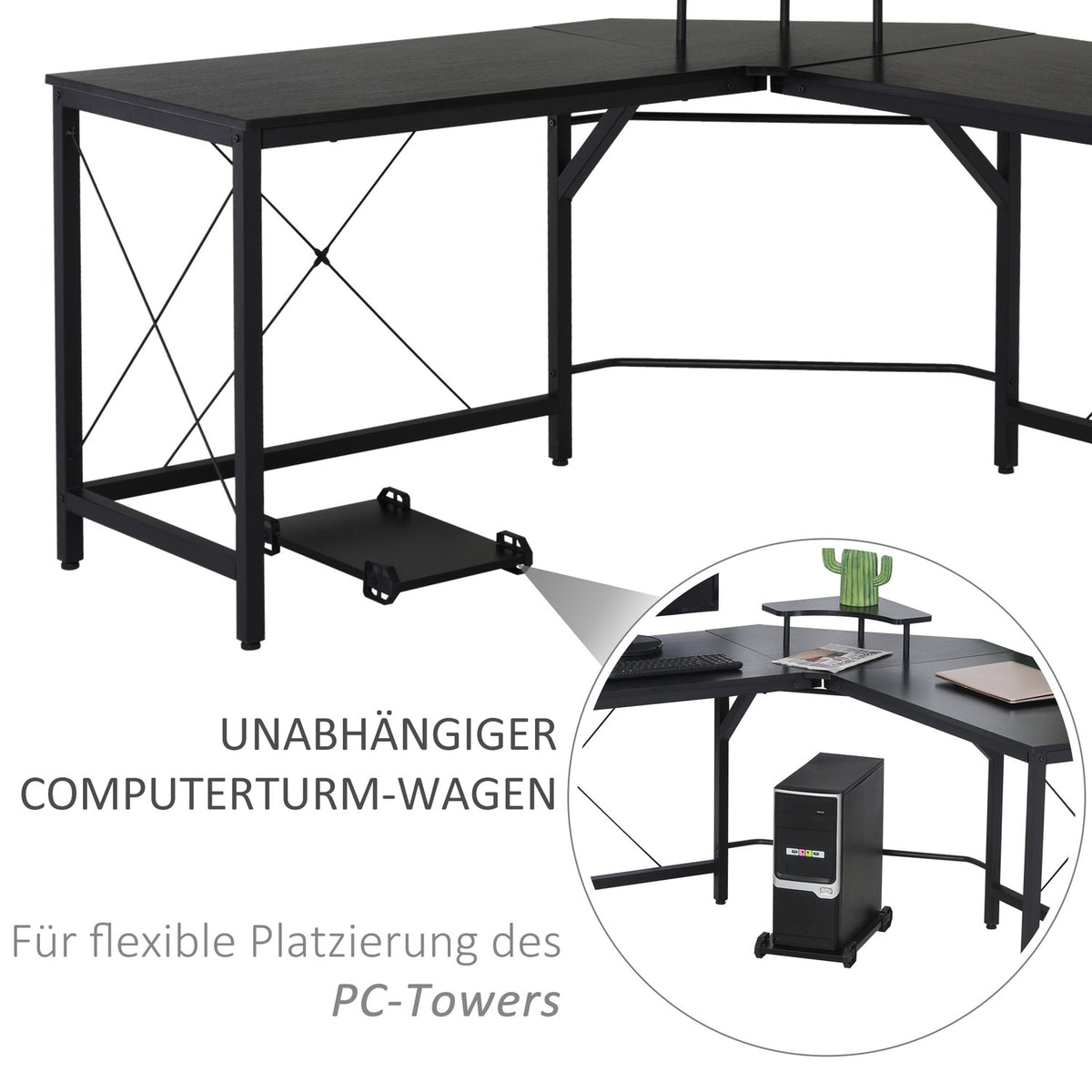 Corner Desk L-Shaped Computer Desk With Monitor Stand, Industrial Design, Steel, Black, 150X150X76Cm