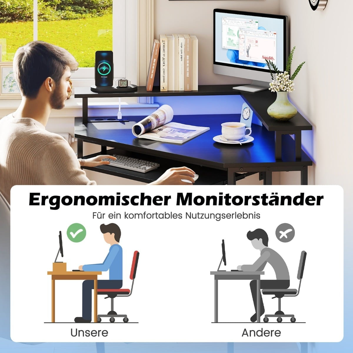 Corner Desk with Charging Station, LED, Keyboard Tray