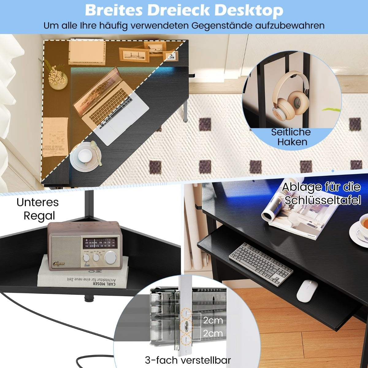 Corner Desk with Charging Station, LED, Keyboard Tray