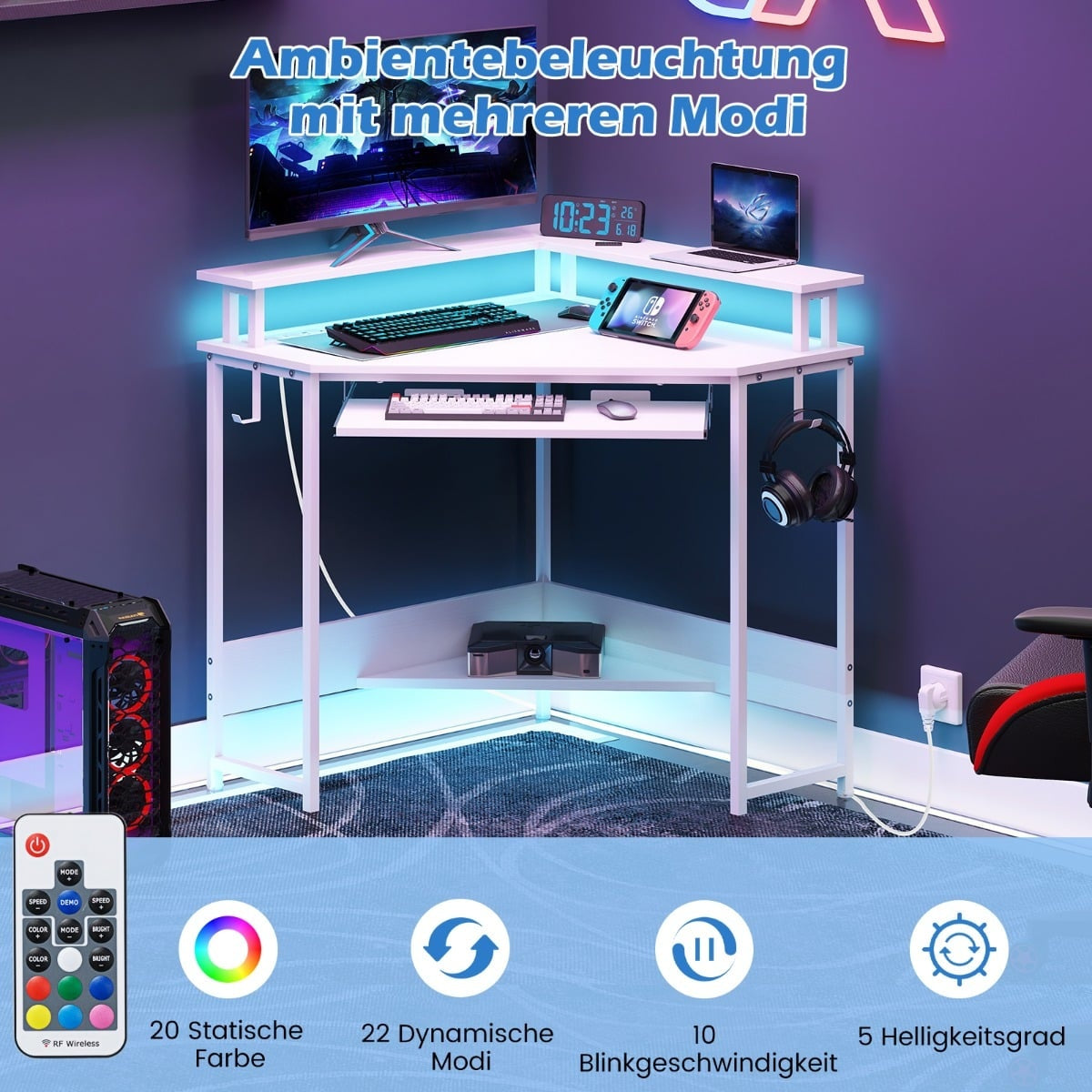 Corner Desk with Charging Station, LED, Monitor Stand