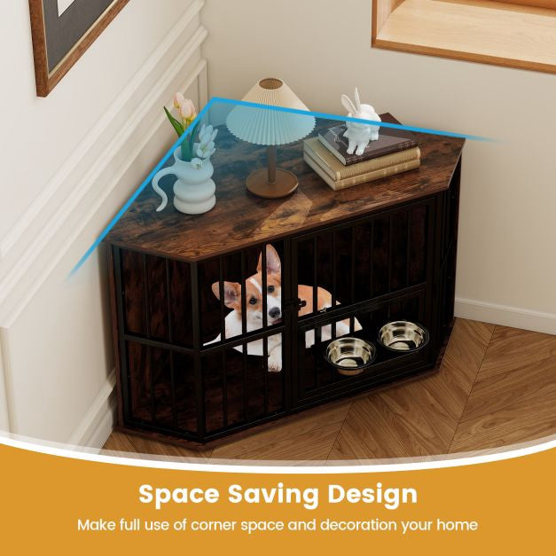 Corner Dog Crate Furniture, 114x60x68 cm, Adjustable Feeder