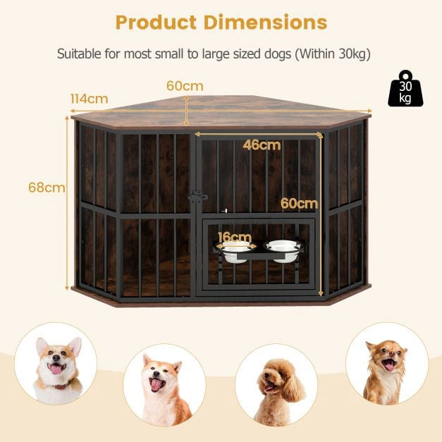 Corner Dog Crate Furniture, 114x60x68 cm, Adjustable Feeder