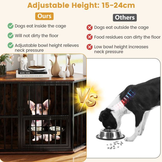 Corner Dog Crate Furniture, 114x60x68 cm, Adjustable Feeder