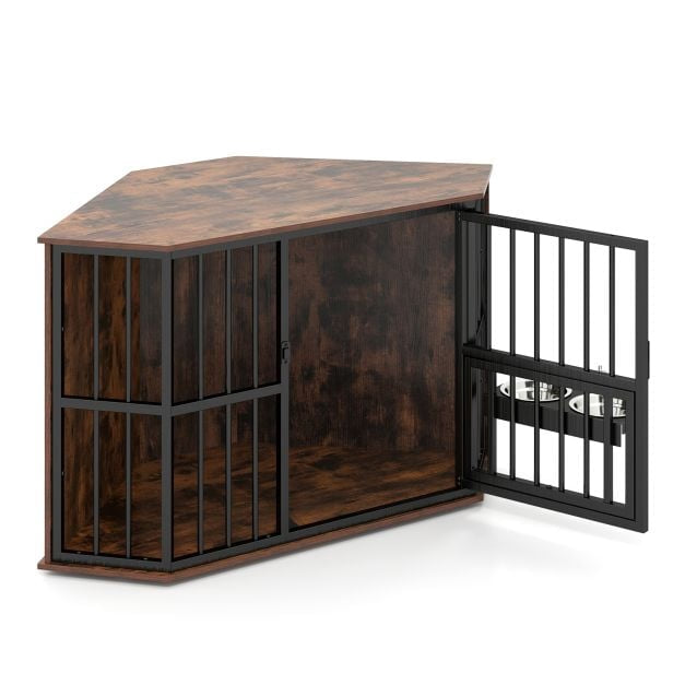 Corner Dog Crate Furniture, 114x60x68 cm, Adjustable Feeder
