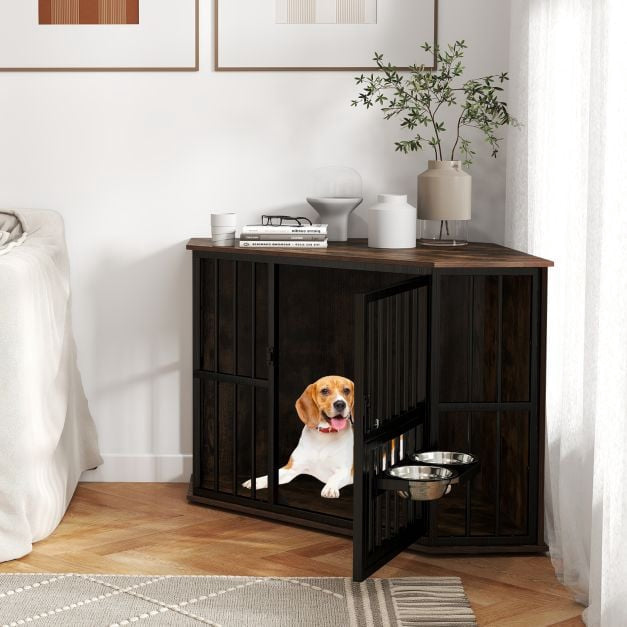 Corner Dog Crate Furniture, 114x60x68 cm, Adjustable Feeder