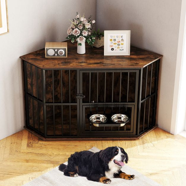 Corner Dog Crate Furniture, 114x60x68 cm, Adjustable Feeder