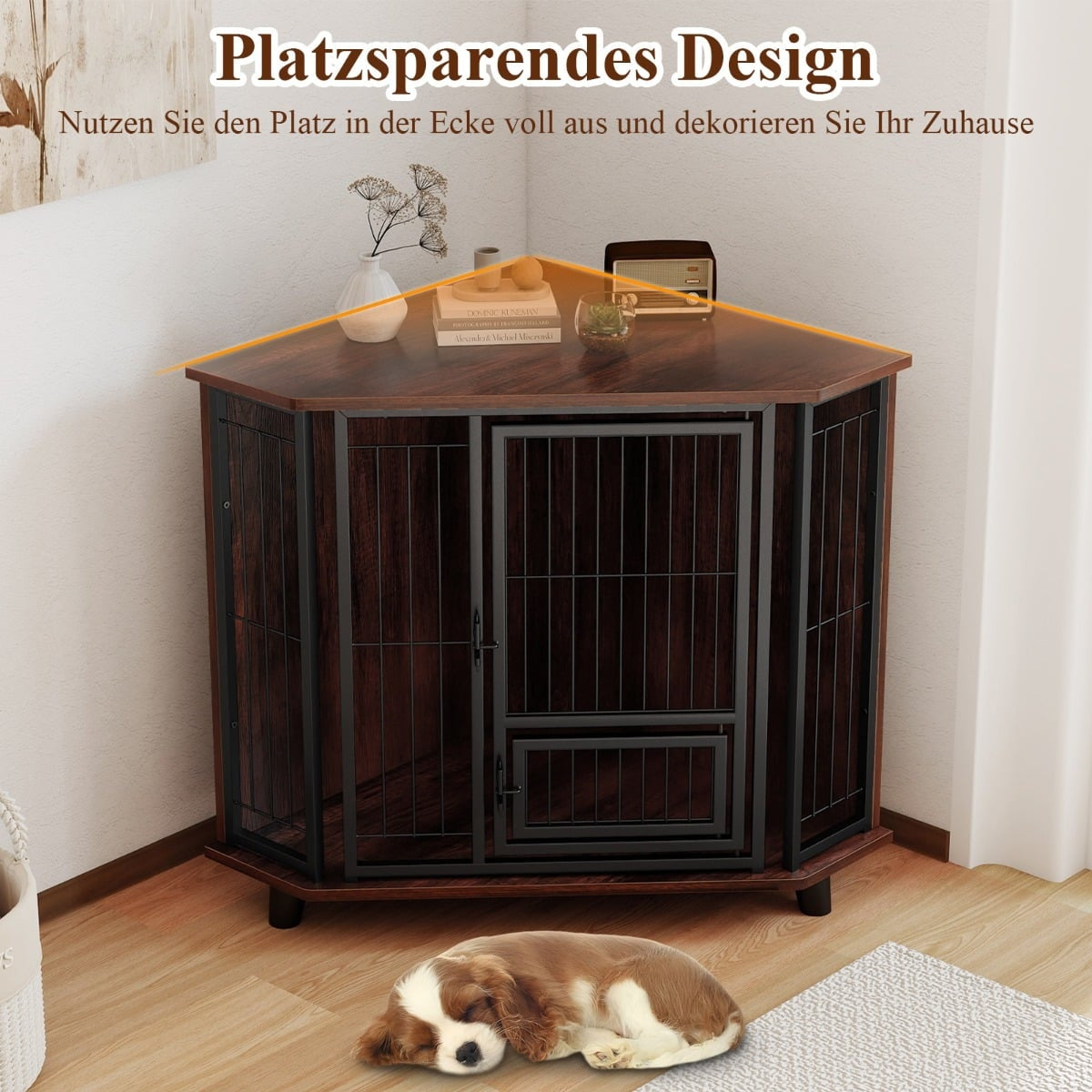 Corner Dog Crate with Feeding Door & Lockable Door, Space-Saving