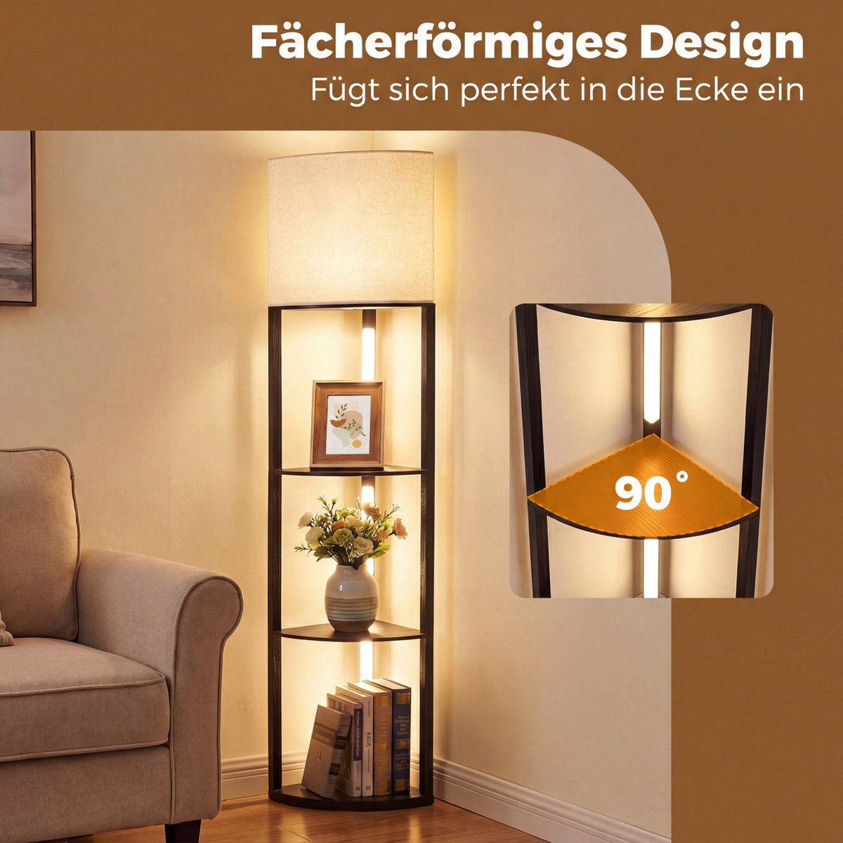 Corner Floor Lamp with Shelves, 3-Tier LED, Black