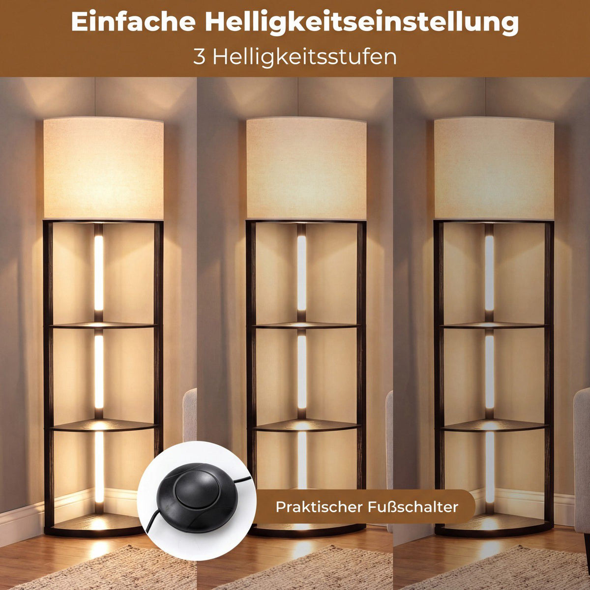 Corner Floor Lamp with Shelves, 3-Tier LED, Black