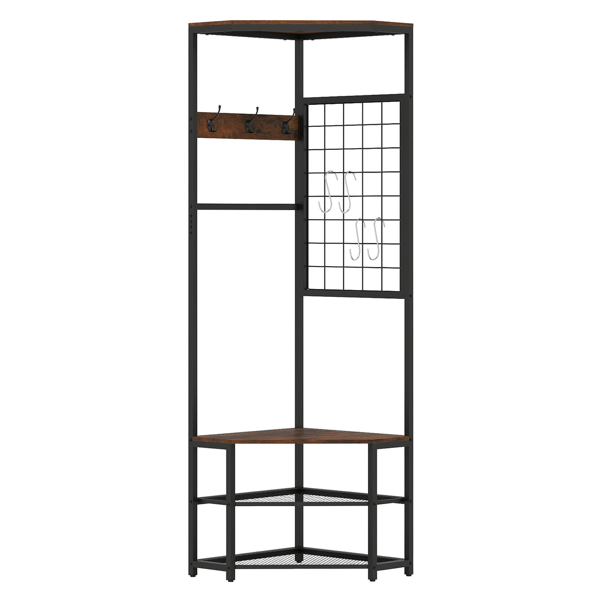 Corner Hall Tree with Hooks, Shelves, Metal Frame, Brown