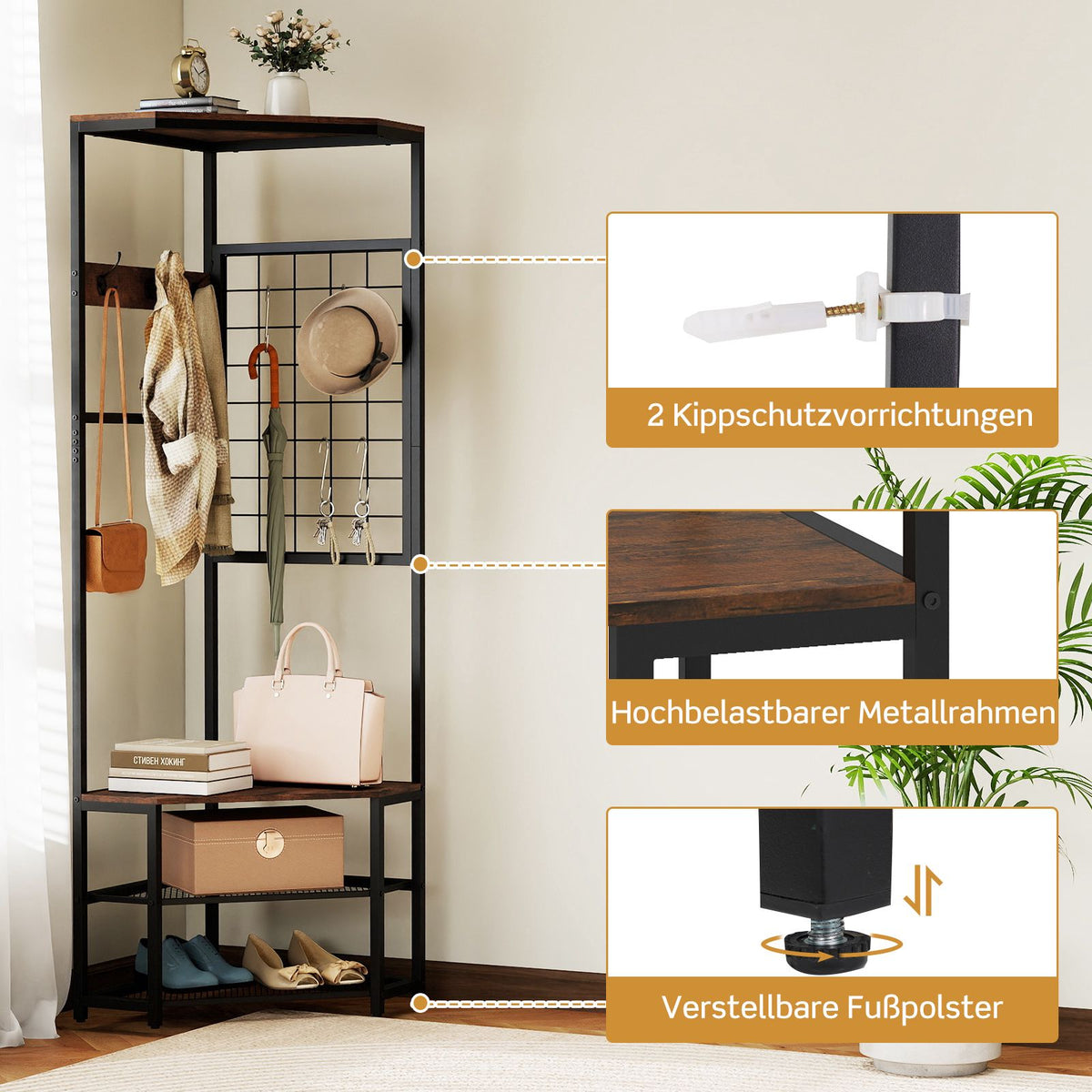 Corner Hall Tree with Hooks, Shelves, Metal Frame, Brown