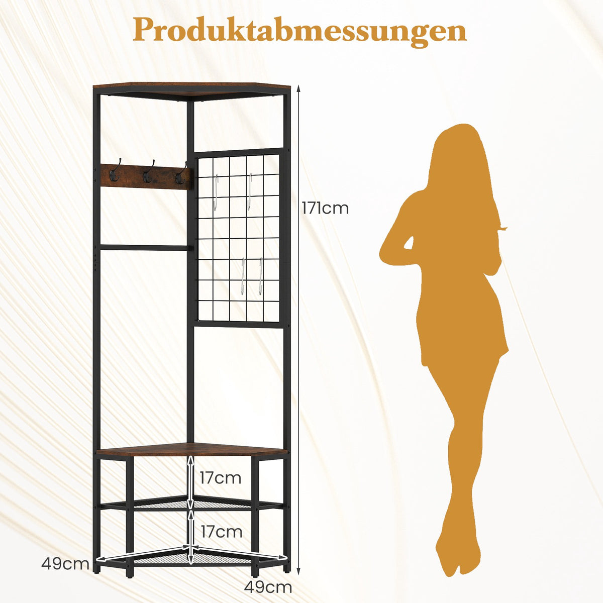 Corner Hall Tree with Hooks, Shelves, Metal Frame, Brown