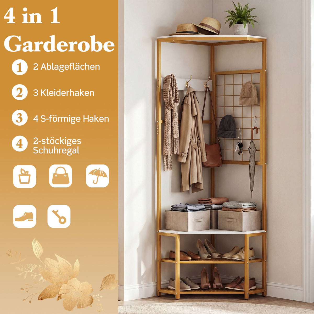 Corner Hall Tree with Hooks, Shelves, Metal Frame, Brown