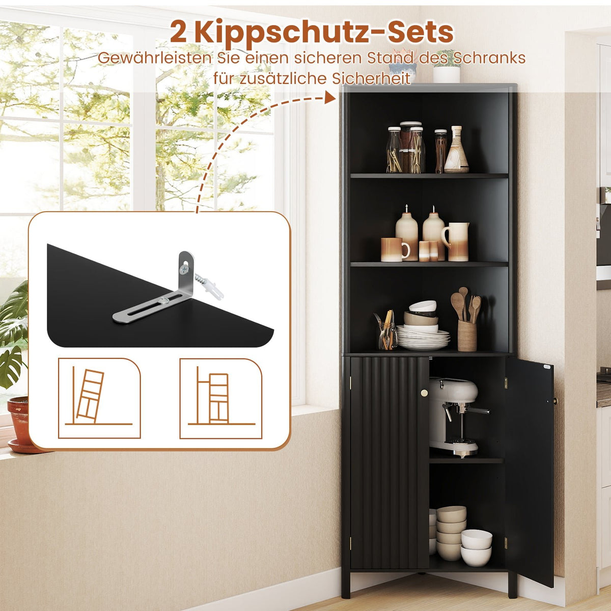 Corner Kitchen Cabinet, 2 Doors & 5 Shelves, Black, 68"