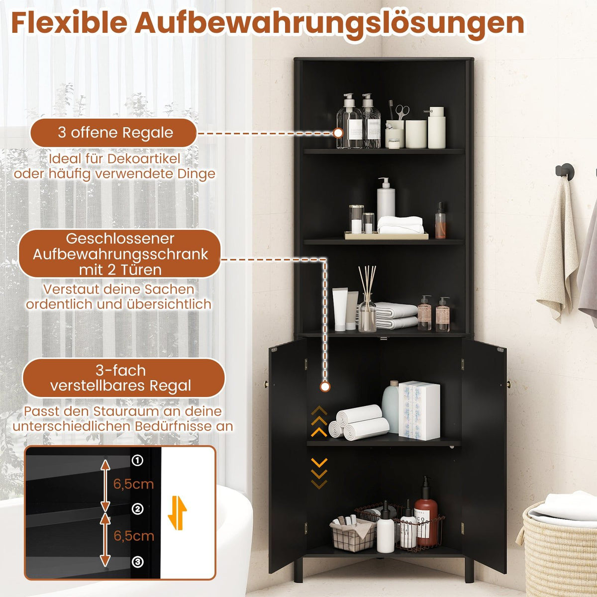 Corner Kitchen Cabinet, 2 Doors & 5 Shelves, Black, 68"