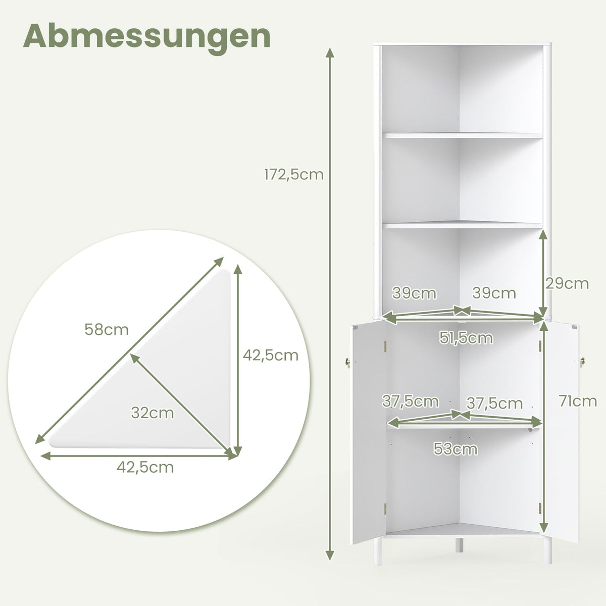 Corner Kitchen Cabinet, 2 Doors & 5 Shelves, White, 68" High