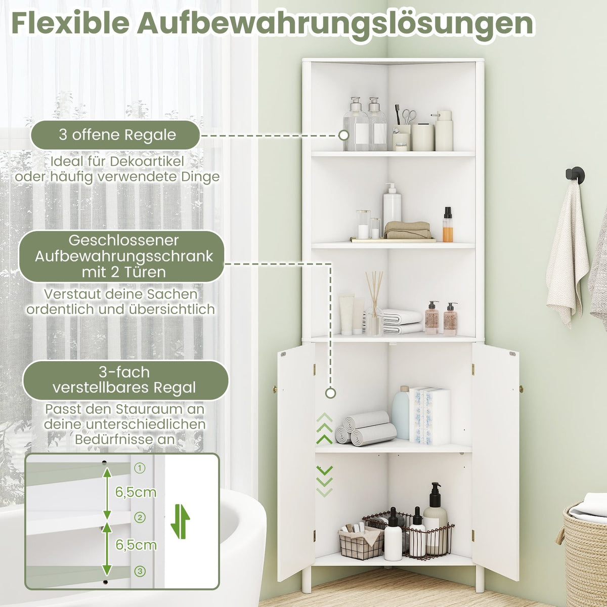 Corner Kitchen Cabinet, 2 Doors & 5 Shelves, White, 68" High