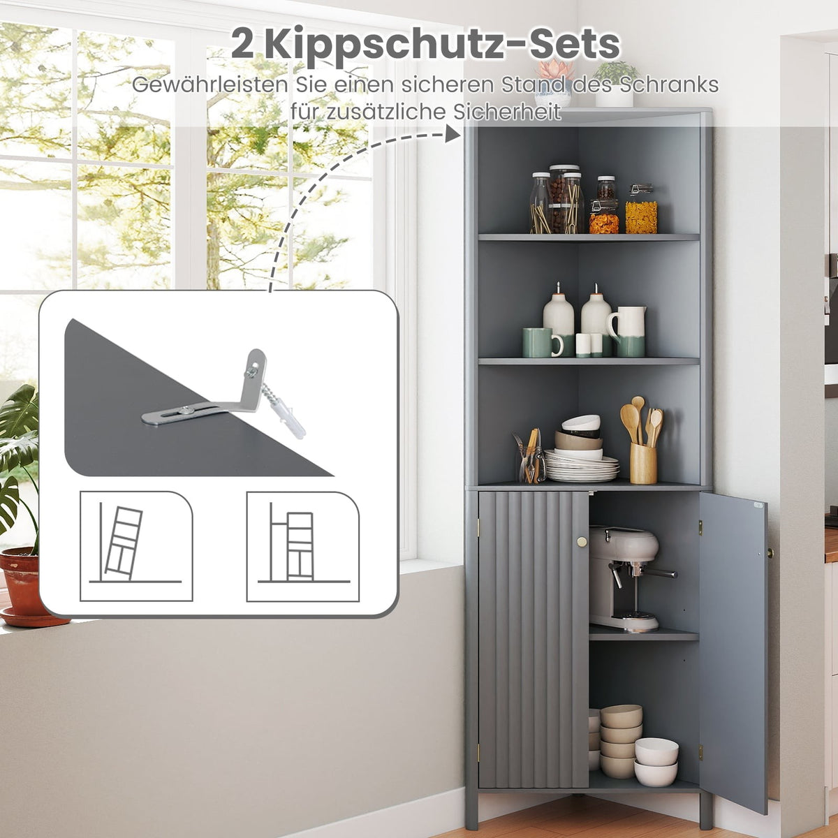 Corner Kitchen Cabinet with 2 Doors & 5 Shelves, Grey