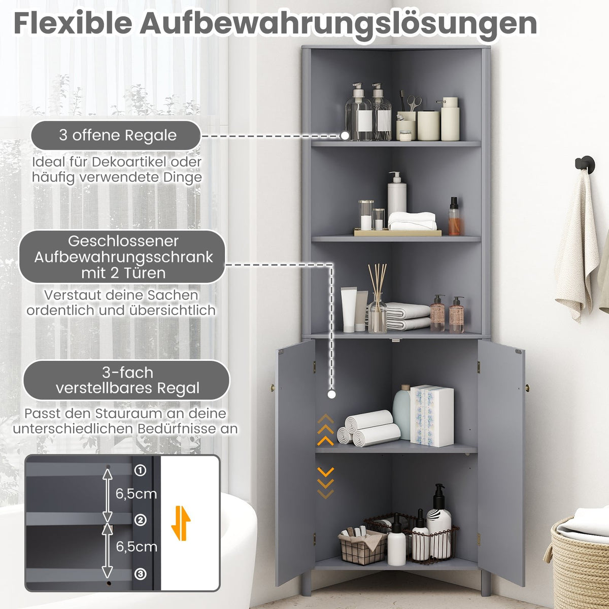 Corner Kitchen Cabinet with 2 Doors & 5 Shelves, Grey