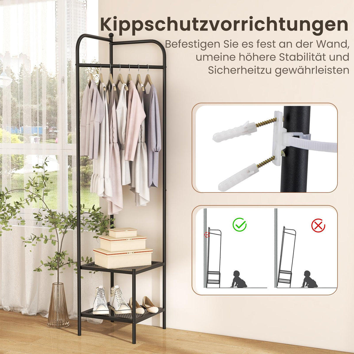 Corner Metal Coat Rack with Hooks and Shelves, Black