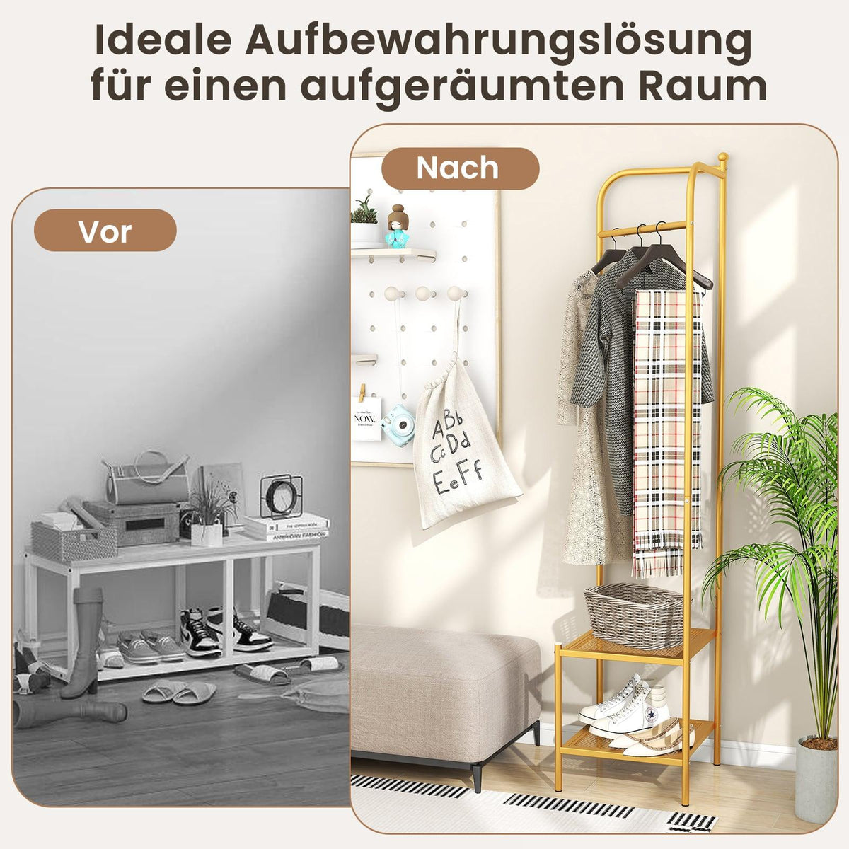 Corner Metal Coat Rack with Hooks and Shelves, Gold
