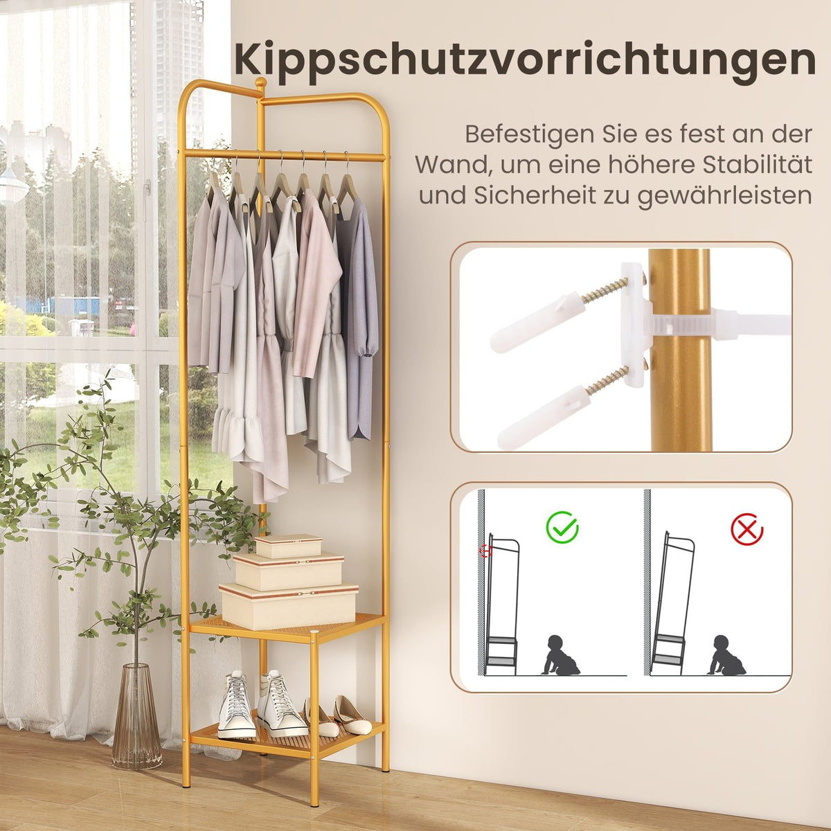 Corner Metal Coat Rack with Hooks and Shelves, Gold