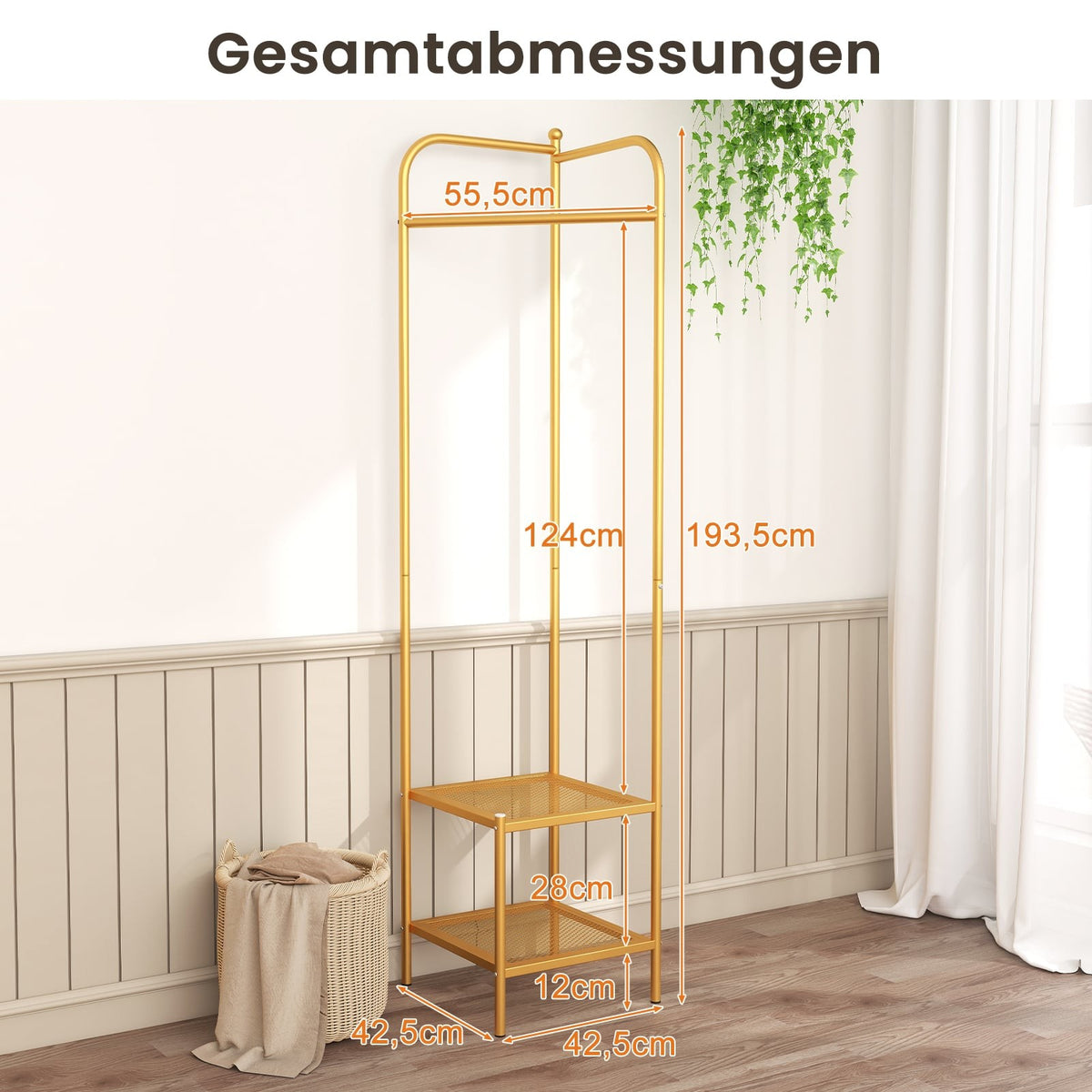 Corner Metal Coat Rack with Hooks and Shelves, Gold