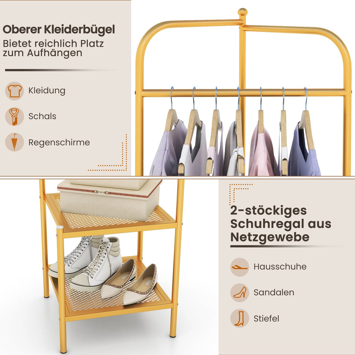 Corner Metal Coat Rack with Hooks and Shelves, Gold