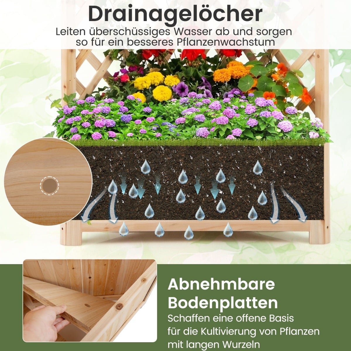 Corner Planter Box with Trellis, Drainage Holes, 55x55x140 cm