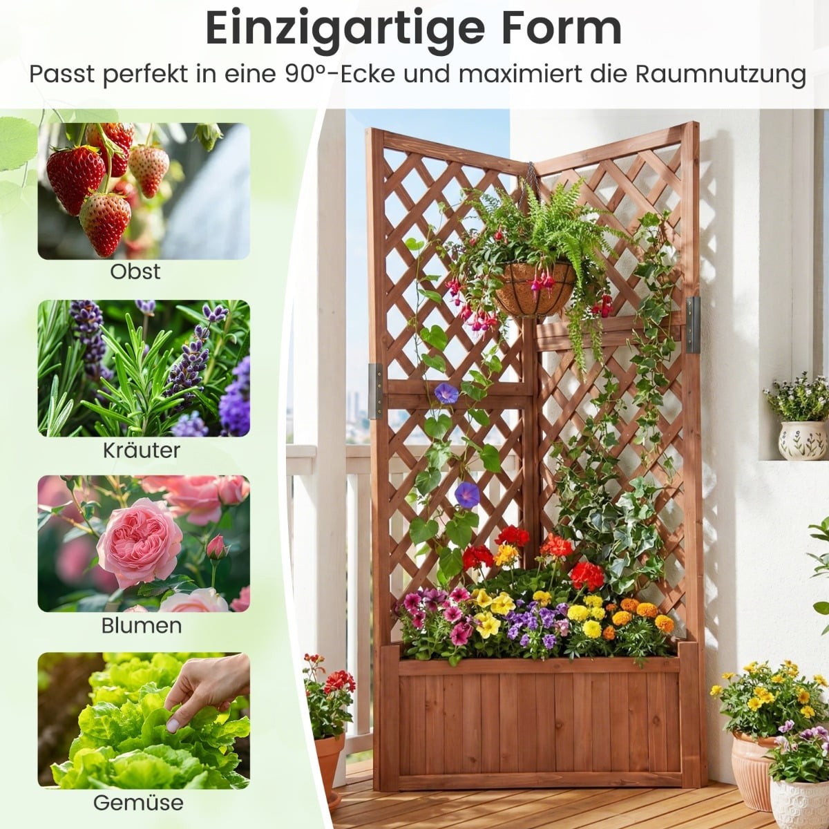 Corner Planter with Trellis, Drainage Holes, 55x55x140 cm