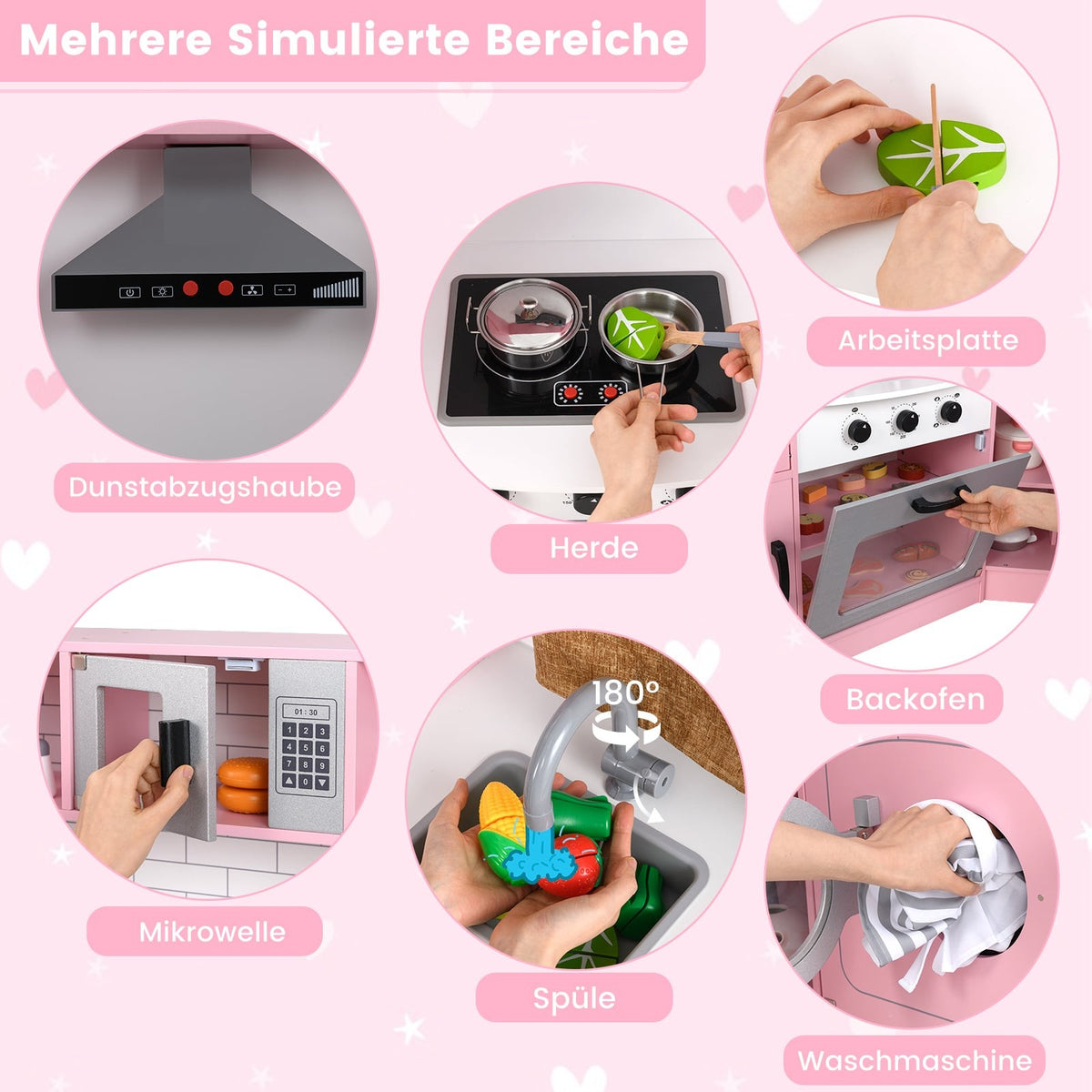 Corner Play Kitchen Set with Ice Maker, Microwave, Oven, Pink