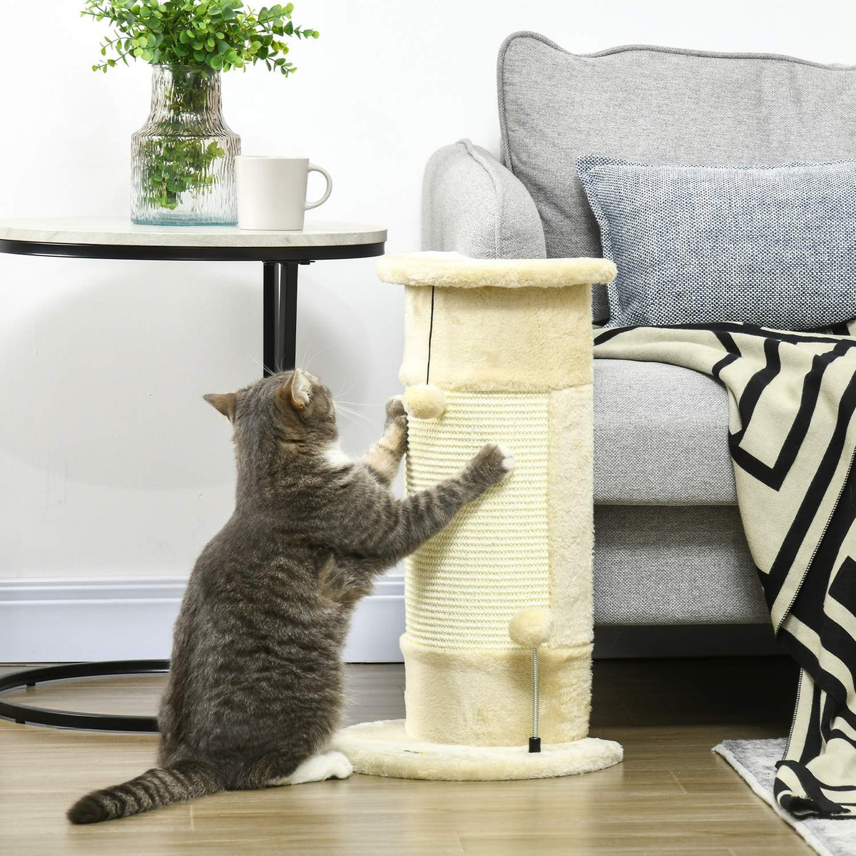 Corner Scratching Post 58 Cm Scratching Post For Cats With Scratching Ball, Made Of Sisal, Cream White