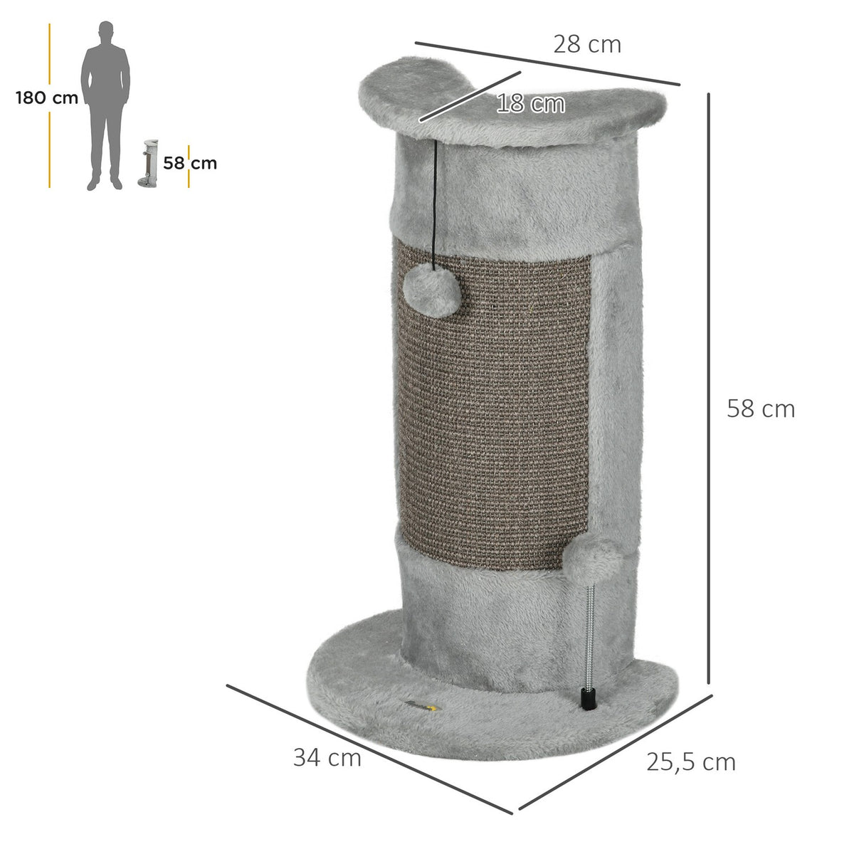 Corner Scratching Post, 58Cm Sisal Scratching Post, Scratching Post For Cats, Small Cat Scratching Post With Scratching Ball, Indoor Cat Furniture, Grey