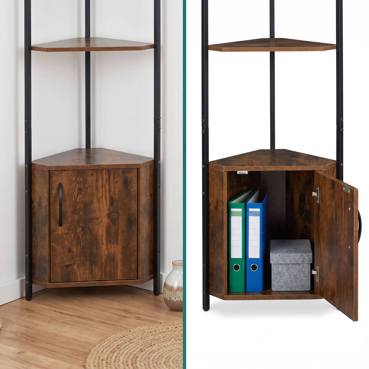 Corner Shelf Unit with 5 Shelves & Cupboard - Brown