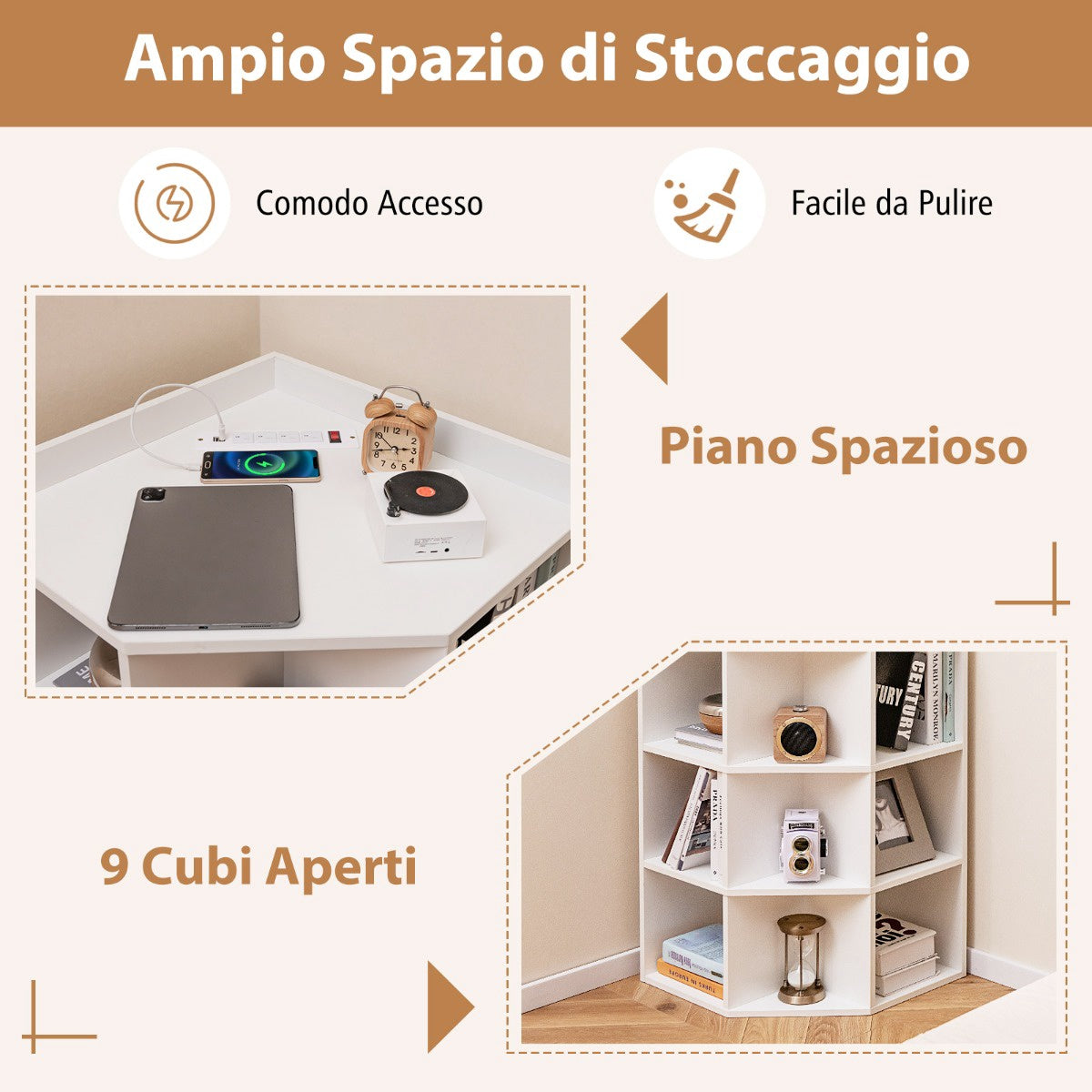 Corner Shelf With Charging Station, 9 Cubes, White