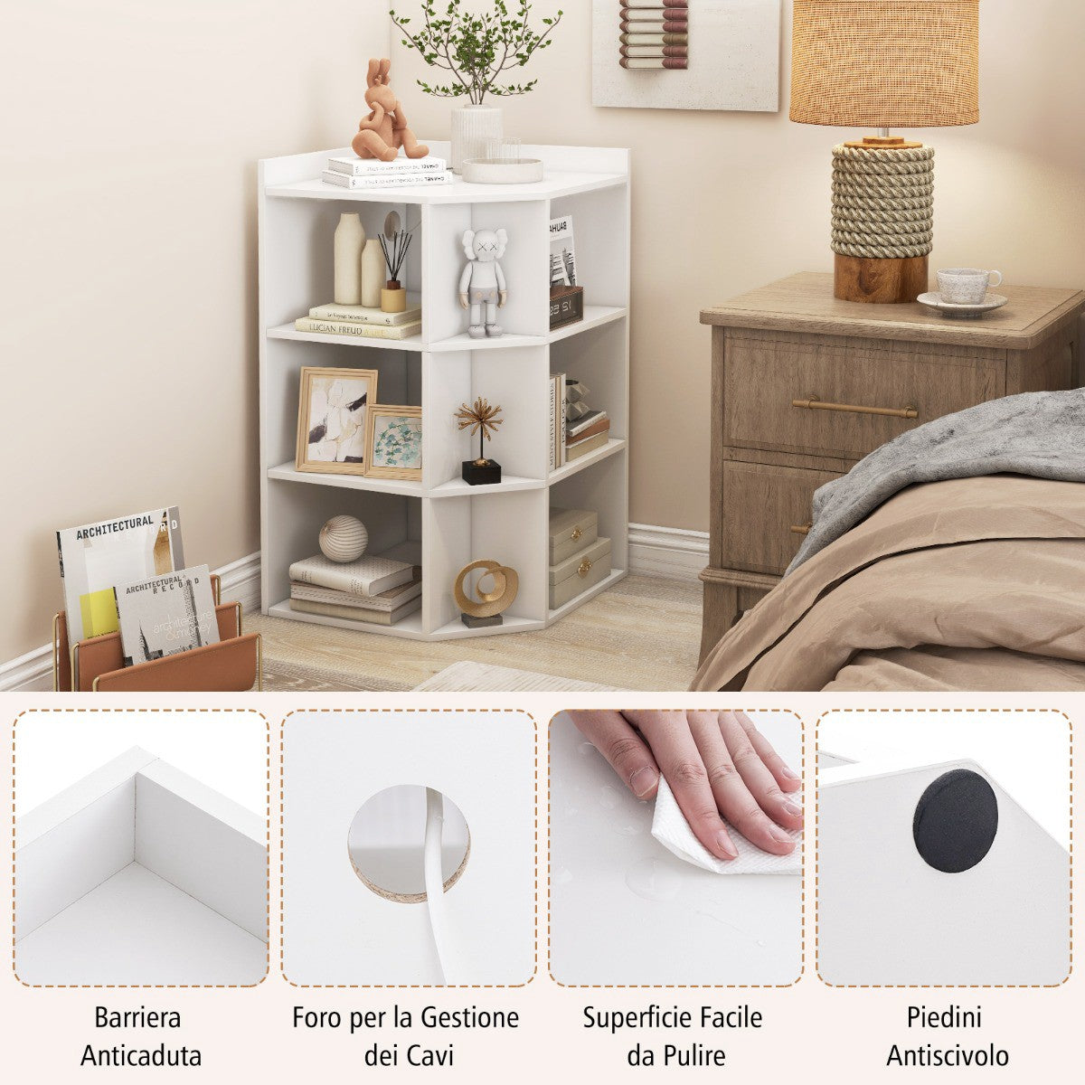 Corner Shelf With Charging Station, 9 Cubes, White