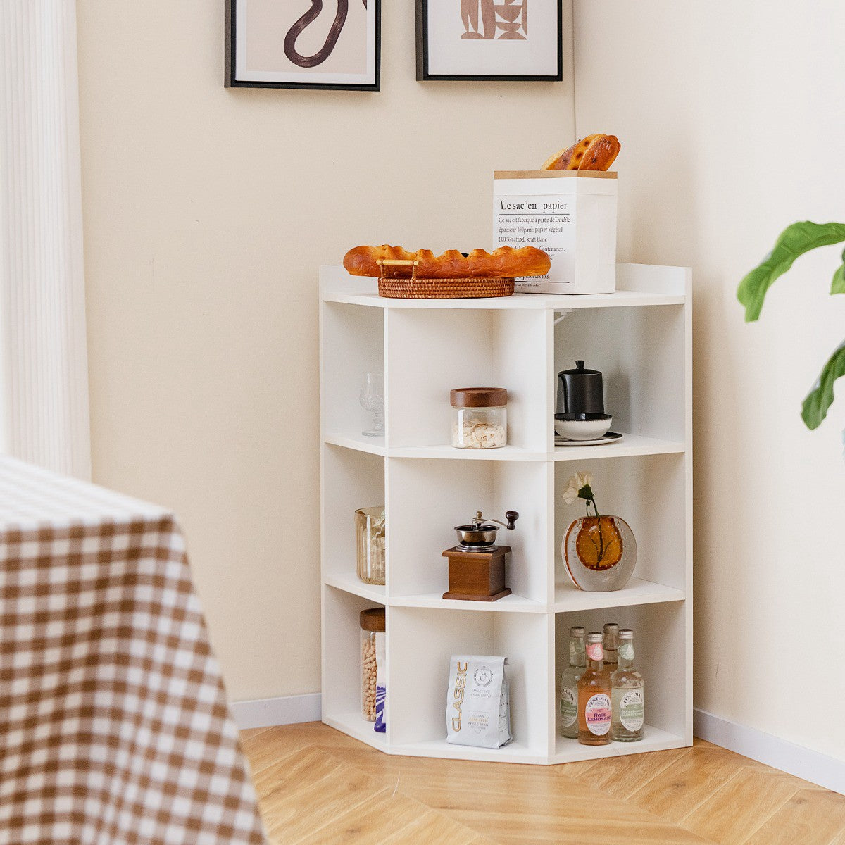 Corner Shelf With Charging Station, 9 Cubes, White