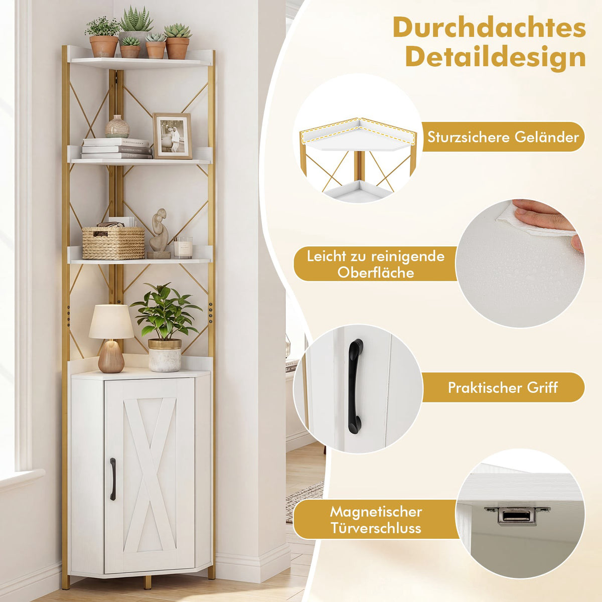 Corner Shelf with Storage, 180 cm, 5-Tier, White