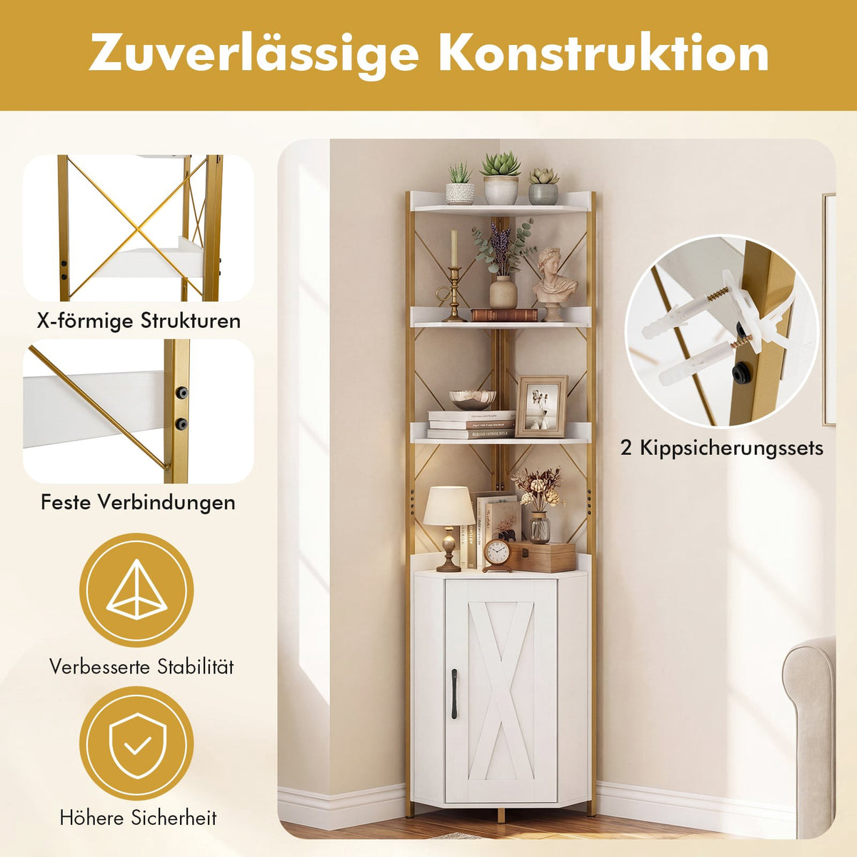 Corner Shelf with Storage, 180 cm, 5-Tier, White