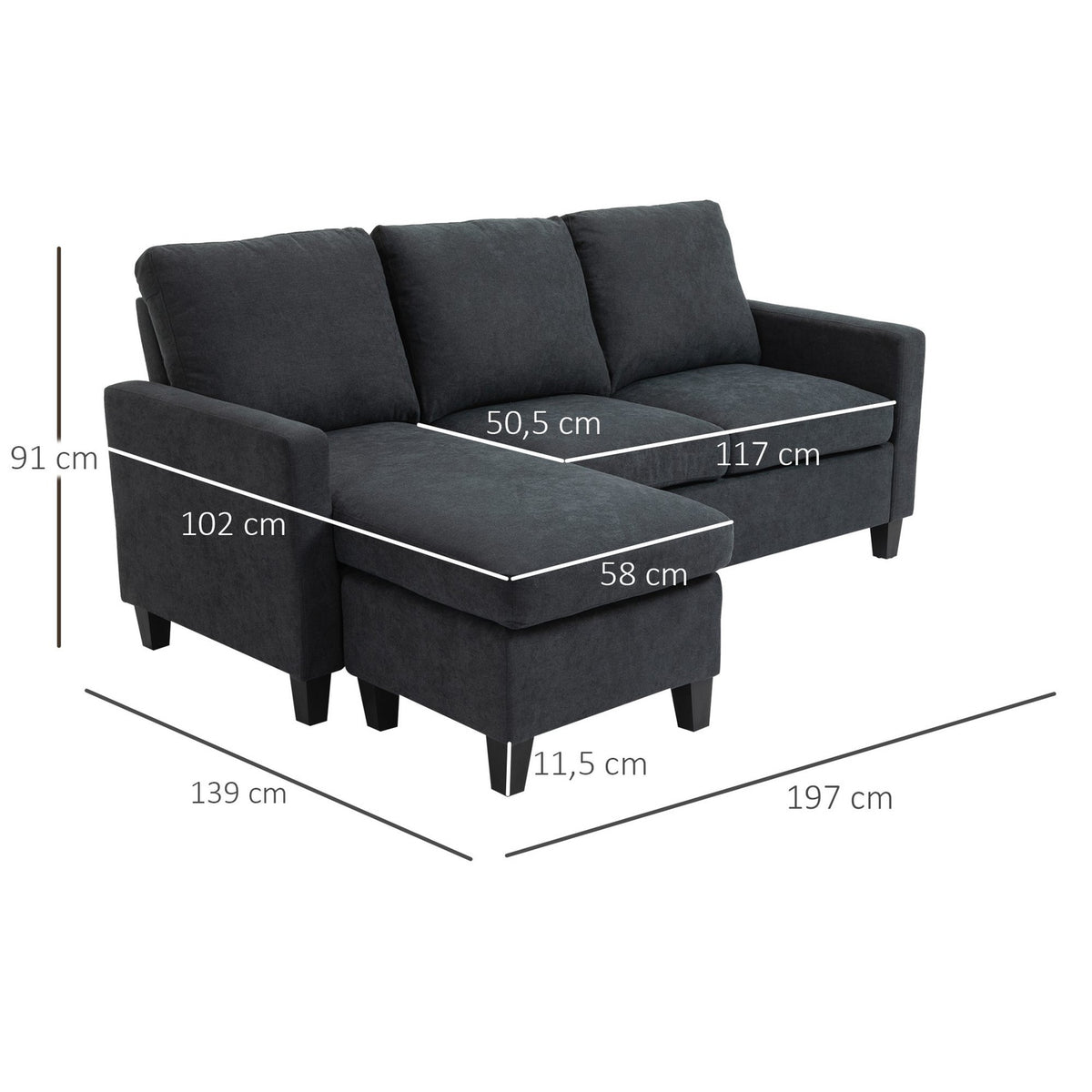 Corner Sofa Fabric Sofa Corner Couch Couch Set Reversible Chaise Longue L-Shape Dark Gray 197X139X91Cm