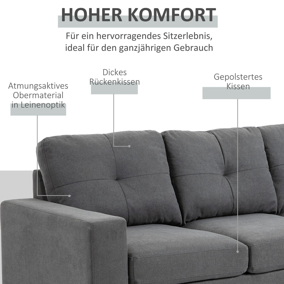 Corner Sofa In L-Shape Gray Corner Couch With Chaise Longue, Linen Look, For 3 People, 93X136X85Cm