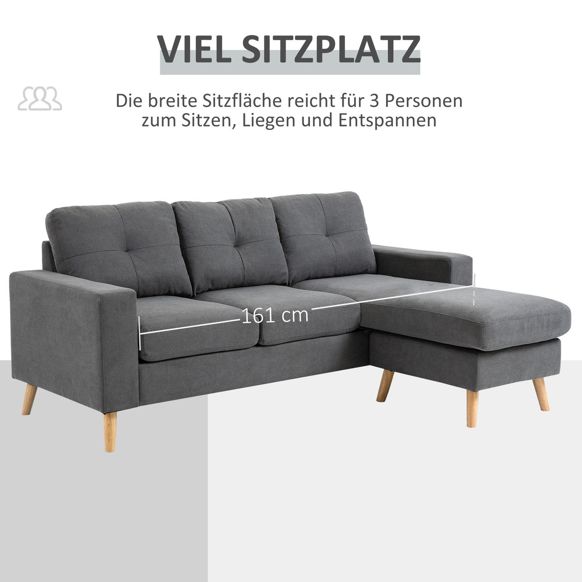 Corner Sofa In L-Shape Gray Corner Couch With Chaise Longue, Linen Look, For 3 People, 93X136X85Cm