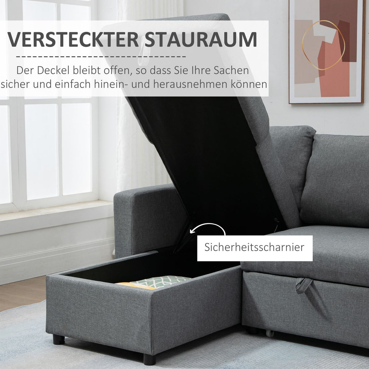 Corner Sofa With Sleeping Function, Storage Space, Corner Couch With Bed Box, Chaise Longue Sofa Bed, Fabric Sofa, L-Shape, Linen Touch, Light Gray 211.5 X 146 X 85 Cm