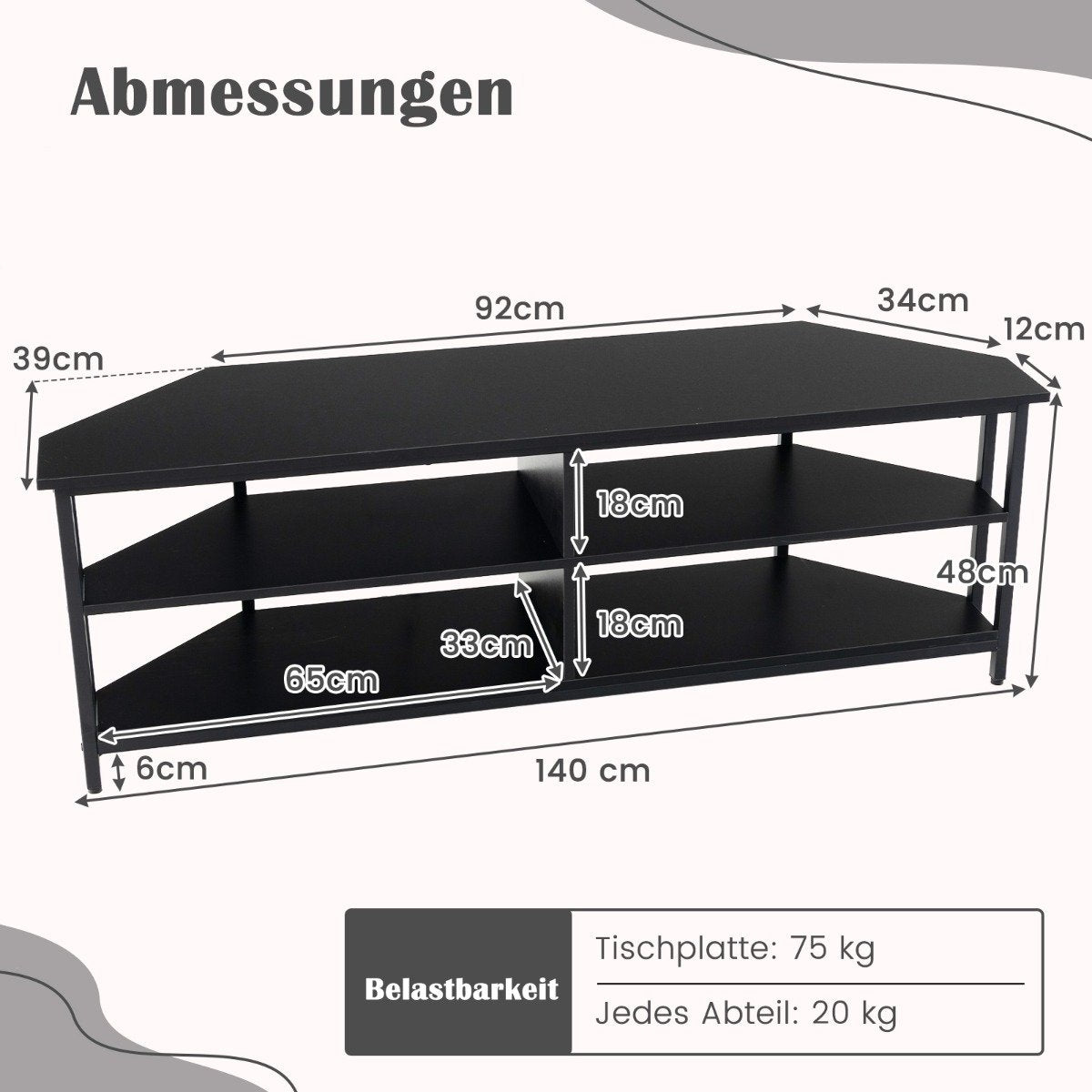 Corner TV Cabinet with Charging Station &amp; Shelves TV lowboard for TVs up to 65 inch TV cabinet black