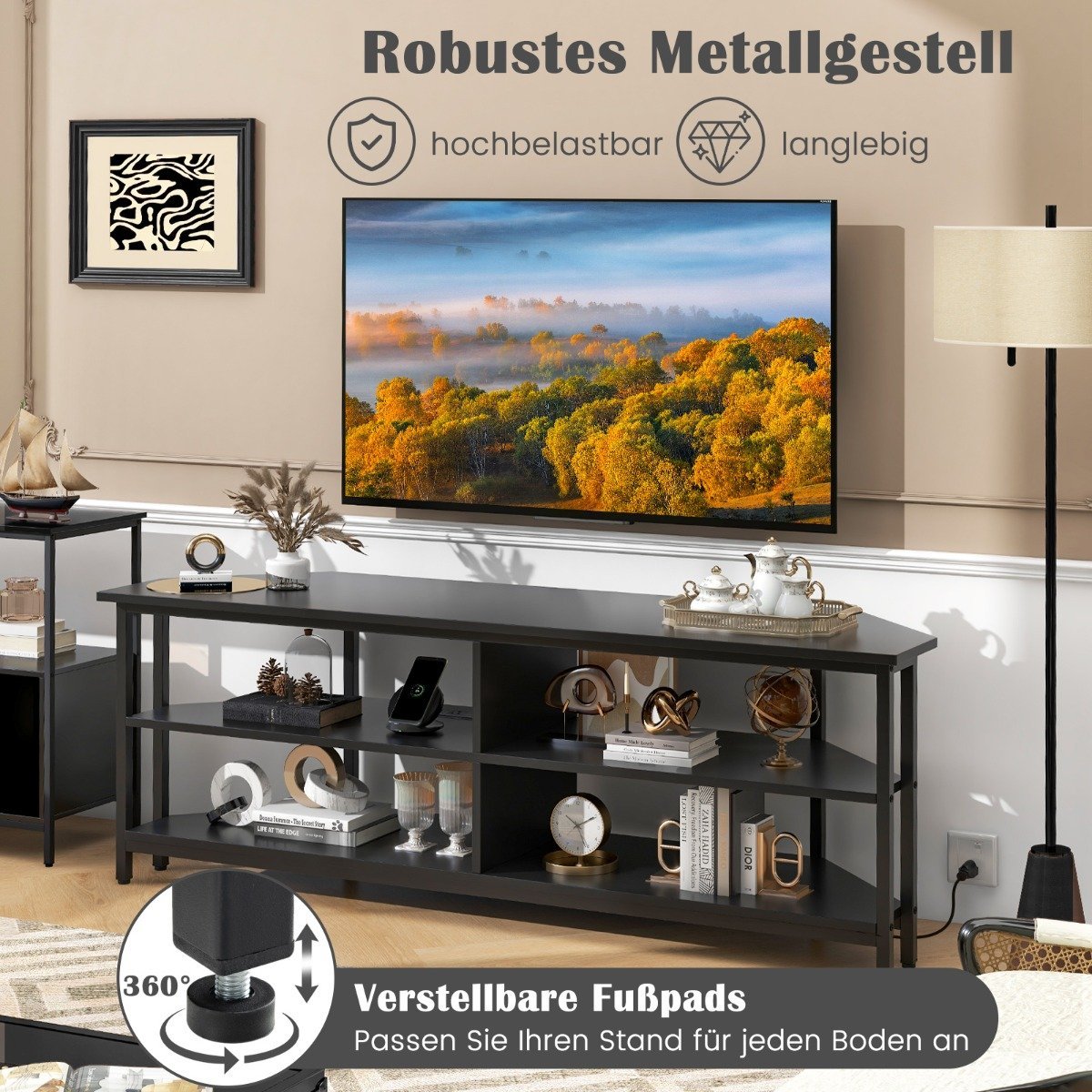 Corner TV Cabinet with Charging Station &amp; Shelves TV lowboard for TVs up to 65 inch TV cabinet black