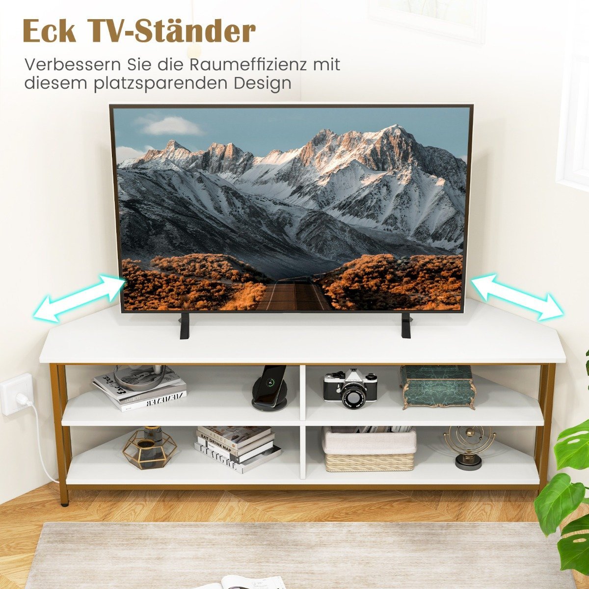 Corner TV Cabinet with Charging Station &amp; Shelves TV lowboard for TVs up to 65 inch TV cabinet white