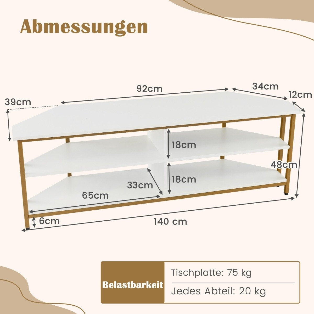 Corner TV Cabinet with Charging Station &amp; Shelves TV lowboard for TVs up to 65 inch TV cabinet white