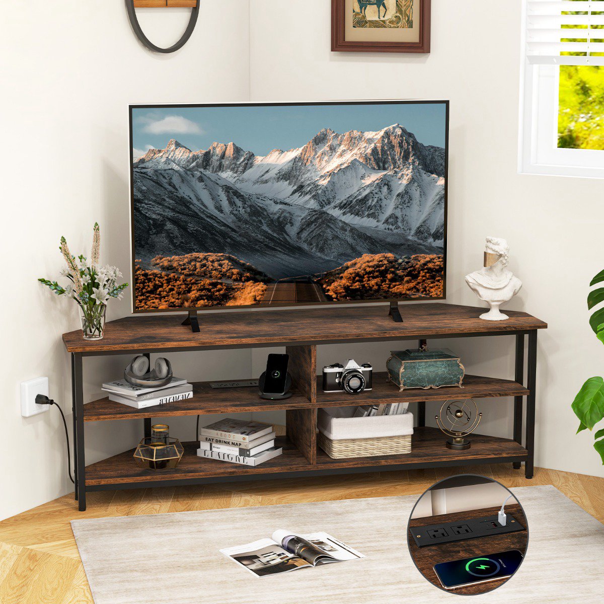 Corner TV Stand Up To 65-Inch, USB-C, Power Outlets