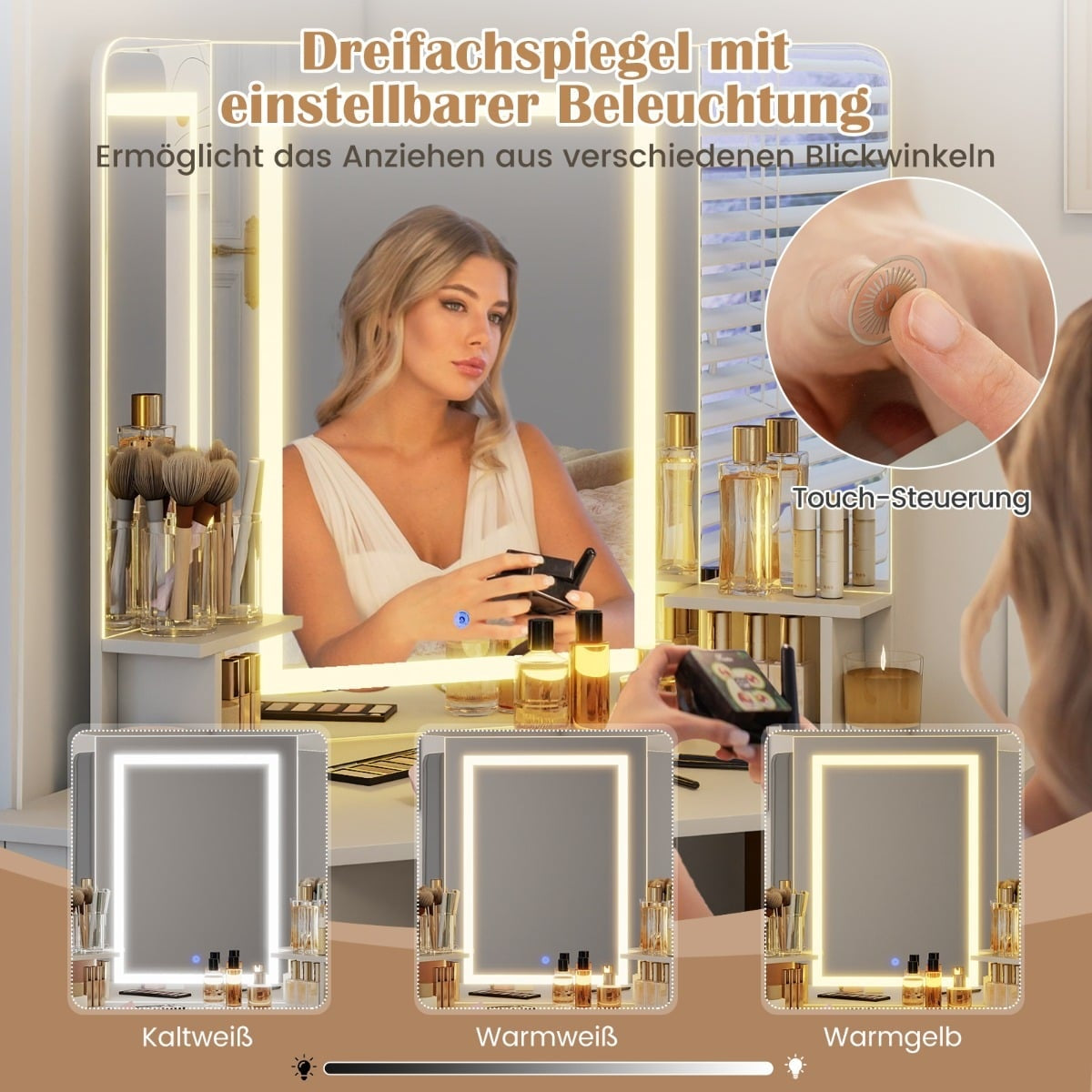 Corner Vanity Table with Stool, LED Mirror, Charging Ports