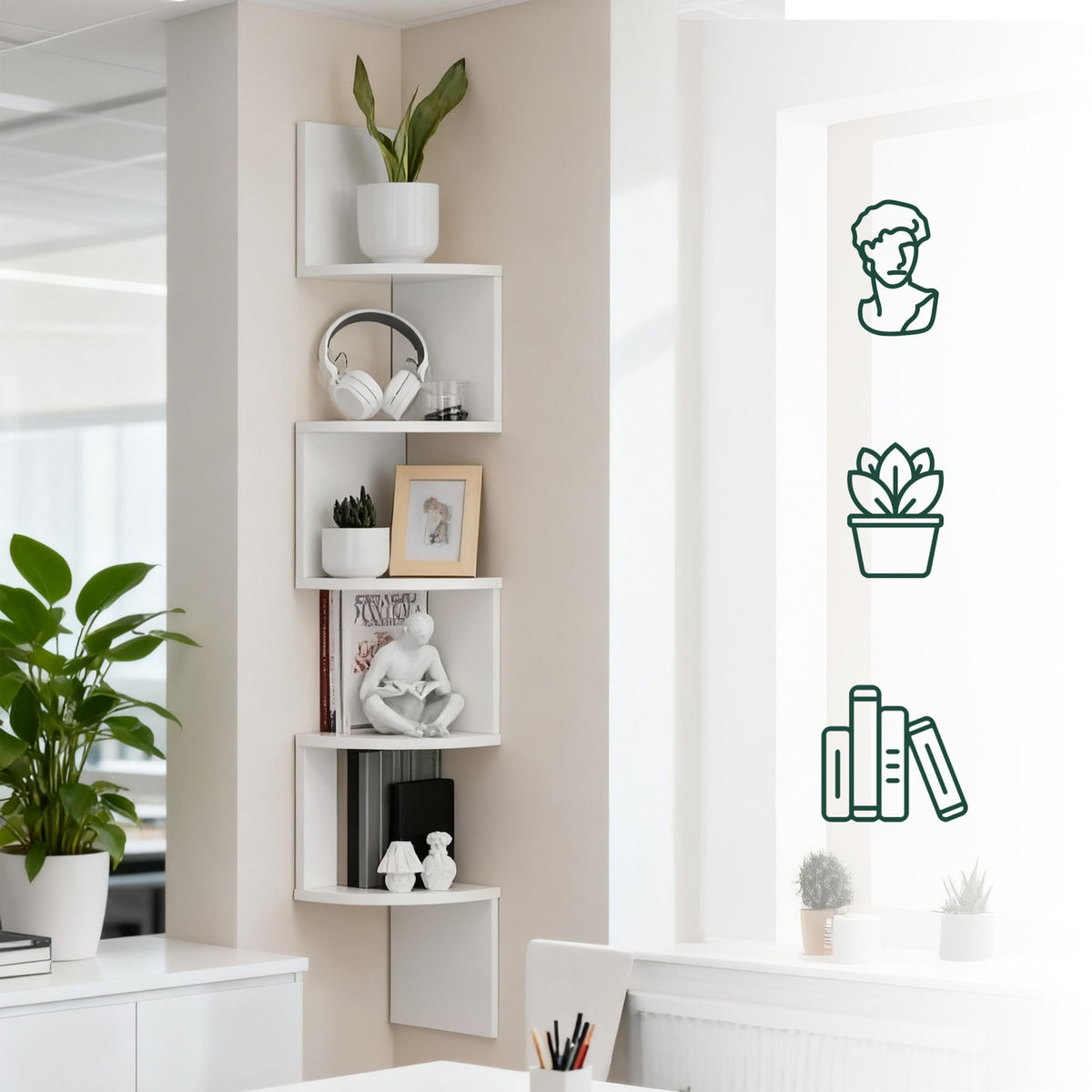 Corner Wall Shelf, 5-Tier Zigzag Design